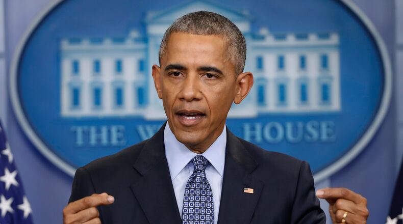 FILE - In this Jan. 18, 2017 file photo, President Barack Obama speaks during his final presidential news conference in the briefing room of the White House in Washington. President Donald Trump is accusing former President Barack Obama of having Trump's telephones ``wire tapped’’ during last year's election, but Trump isn’t offering any evidence or saying what prompted the allegation. (AP Photo/Pablo Martinez Monsivais, File)