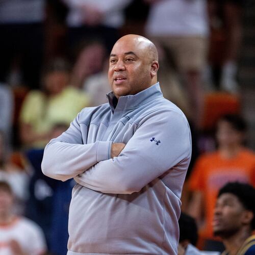 FILE-Notre Dame head coach Micah Shrewsberry looks on during the first half of an NCAA college basketball game against Clemson, Wednesday, Feb. 26, 2025, in Clemson, S.C. (AP Photo/Scott Kinser, File)