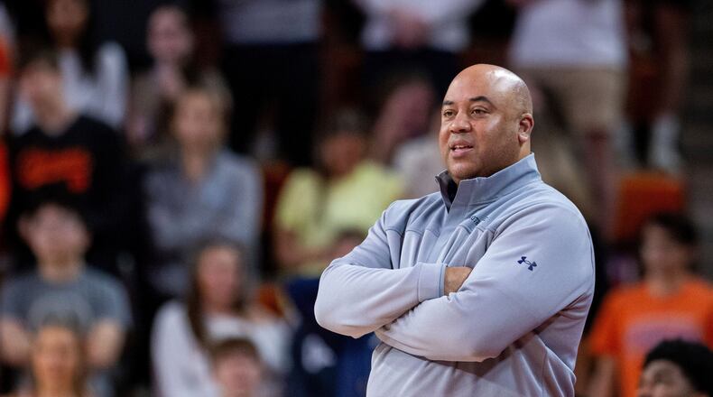 FILE-Notre Dame head coach Micah Shrewsberry looks on during the first half of an NCAA college basketball game against Clemson, Wednesday, Feb. 26, 2025, in Clemson, S.C. (AP Photo/Scott Kinser, File)
