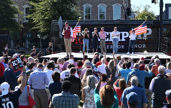Virginia Gov. Glenn Youngkin speaks during a rally Tuesday in Alpharetta for Georgia Gov. Brian Kemp's bid for reelection. Kemp has borrowed heavily from Youngkin, taking a similar approach to education to attract moderate suburban voters that helped the Virginia Republican win his race for governor in 2021. (Hyosub Shin / Hyosub.Shin@ajc.com)