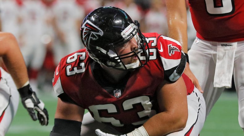 8/26/17 - Atlanta, GA - Atlanta Falcons offensive guard Ben Garland (63). The first game in Mercedes-Benz Stadium was Saturday, as the Atlanta Falcons played Arizona in an exhibition game.. BOB ANDRES /BANDRES@AJC.COM