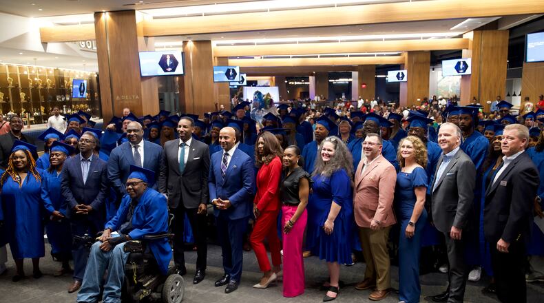 A ceremony for 370 graduates took place Thursday at Truist Park Delta Sky Club with Atlanta Mayor Andre Dickens as a guest speaker and Rodney Bullard, CEO of The Same House, delivering the keynote address. Also pictured is Goodwill North Georgia CEO Keith Parker
Courtesy Goodwill North Georgia