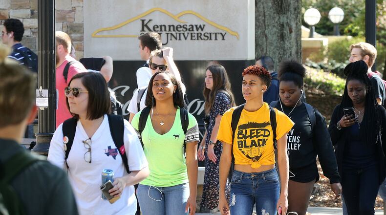 Kennesaw State University students walk to class on the Kennesaw campus.