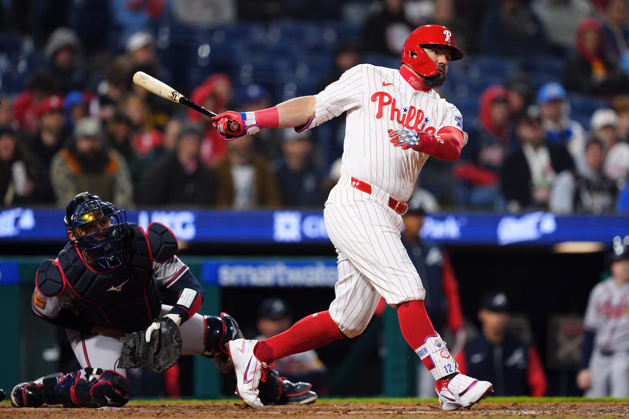 Phillies designated hitter Kyle Schwarber watches his double off Braves pitcher Aaron Bummer on Sunday, April 19, 2026, in Philadelphia. The Phillies’ start has been immensely disappointing. (Derik Hamilton/AP)