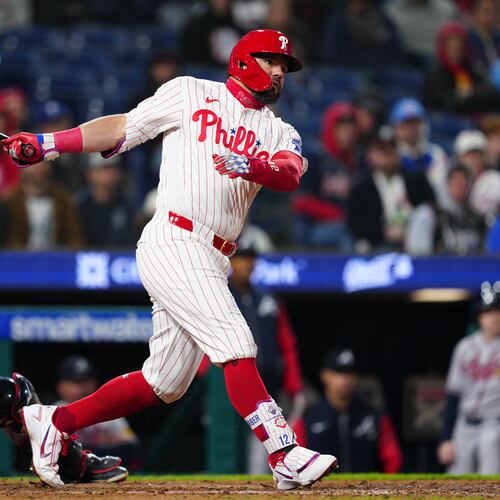 Phillies designated hitter Kyle Schwarber watches his double off Braves pitcher Aaron Bummer on Sunday, April 19, 2026, in Philadelphia. The Phillies’ start has been immensely disappointing. (Derik Hamilton/AP)