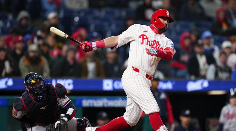 Phillies designated hitter Kyle Schwarber watches his double off Braves pitcher Aaron Bummer on Sunday, April 19, 2026, in Philadelphia. The Phillies’ start has been immensely disappointing. (Derik Hamilton/AP)