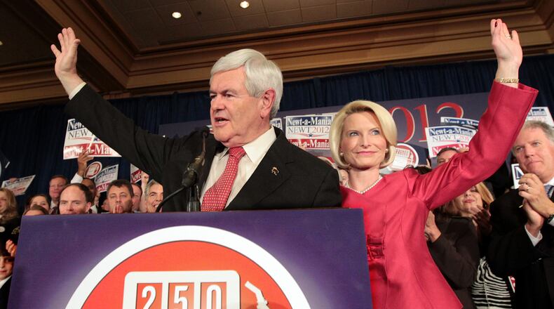 Newt and Callista Gingrich address supporters in Atlanta in 2012. (AJC file/Curtis Compton)