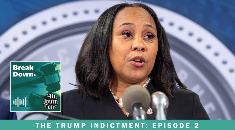 Fulton County District Attorney Fani Willis speaks following a Fulton County grand jury returned a 41-count indictment against former President Donald Trump and 18 of his allies. Episode 2 of "Breakdown — The Trump Indictment" looks at who is charged. (Arvin Temkar / arvin.temkar@ajc.com)