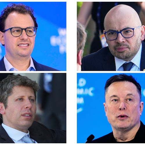 This combination of photos shows CEO & Co-Founder of Anthropic Dario Amodei, top left, on Jan. 23, 2025, CEO of Google DeepMind Demis Hassabis, top right, and CEO of OpenAI Sam Altman, bottom left, on June 17, 2026, and CEO of SpaceXAI Elon Musk, bottom right, on Jan. 22, 2026. (AP Photo/Markus Schreiber, Julia Demaree Nikhinson)