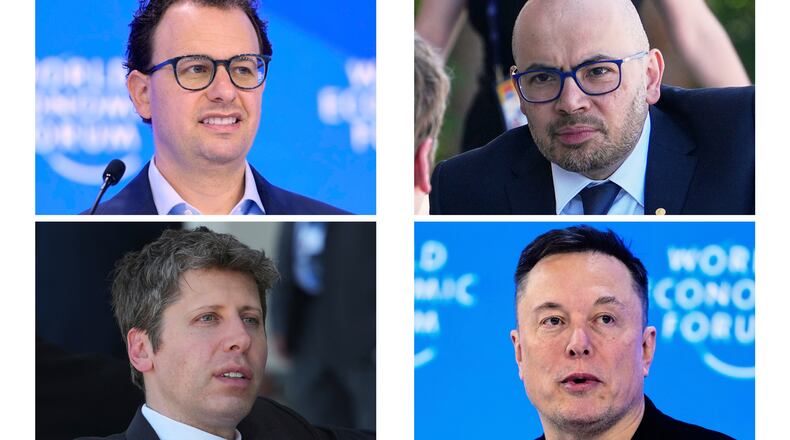 This combination of photos shows CEO & Co-Founder of Anthropic Dario Amodei, top left, on Jan. 23, 2025, CEO of Google DeepMind Demis Hassabis, top right, and CEO of OpenAI Sam Altman, bottom left, on June 17, 2026, and CEO of SpaceXAI Elon Musk, bottom right, on Jan. 22, 2026. (AP Photo/Markus Schreiber, Julia Demaree Nikhinson)