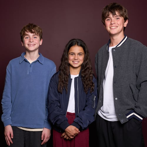 Max Lester, from left, Arabella Stanton and Frankie Treadaway pose for a portrait to promote the Audible "Harry Potter" series in London on July 20, 2025. (Photo by Scott A Garfitt/Invision/AP)