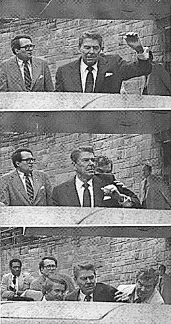 A series of stunning photos show the moment when gunfire rang out toward President Ronald Reagan on March 30, 1981. The commander in chief had been waving to a crowd of reporters when shots caused him to instinctively lower his arm. Secret Service agents abruptly shoved the president to the backseat of the presidential limo in a matter of seconds.
