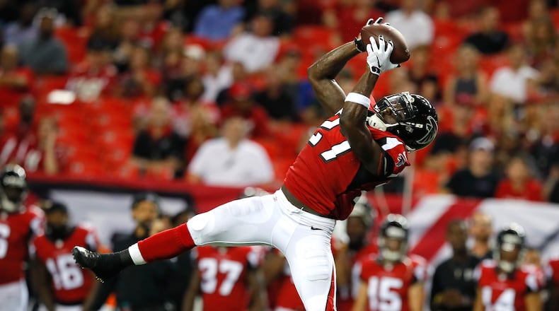 ATLANTA, GA - SEPTEMBER 01: Robenson Therezie #27 of the Atlanta Falcons intercepts a pass from the Jacksonville Jaguars at Georgia Dome on September 1, 2016 in Atlanta, Georgia. (Photo by Kevin C. Cox/Getty Images)
