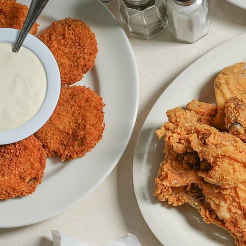 A meal from Mary Mac's Tea Room, including fried chicken, mac and cheese and fried green tomatoes.