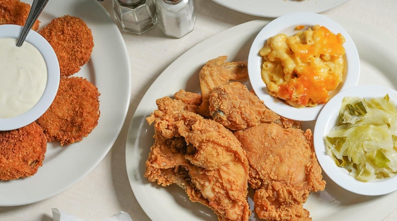 A meal from Mary Mac's Tea Room, including fried chicken, mac and cheese and fried green tomatoes.