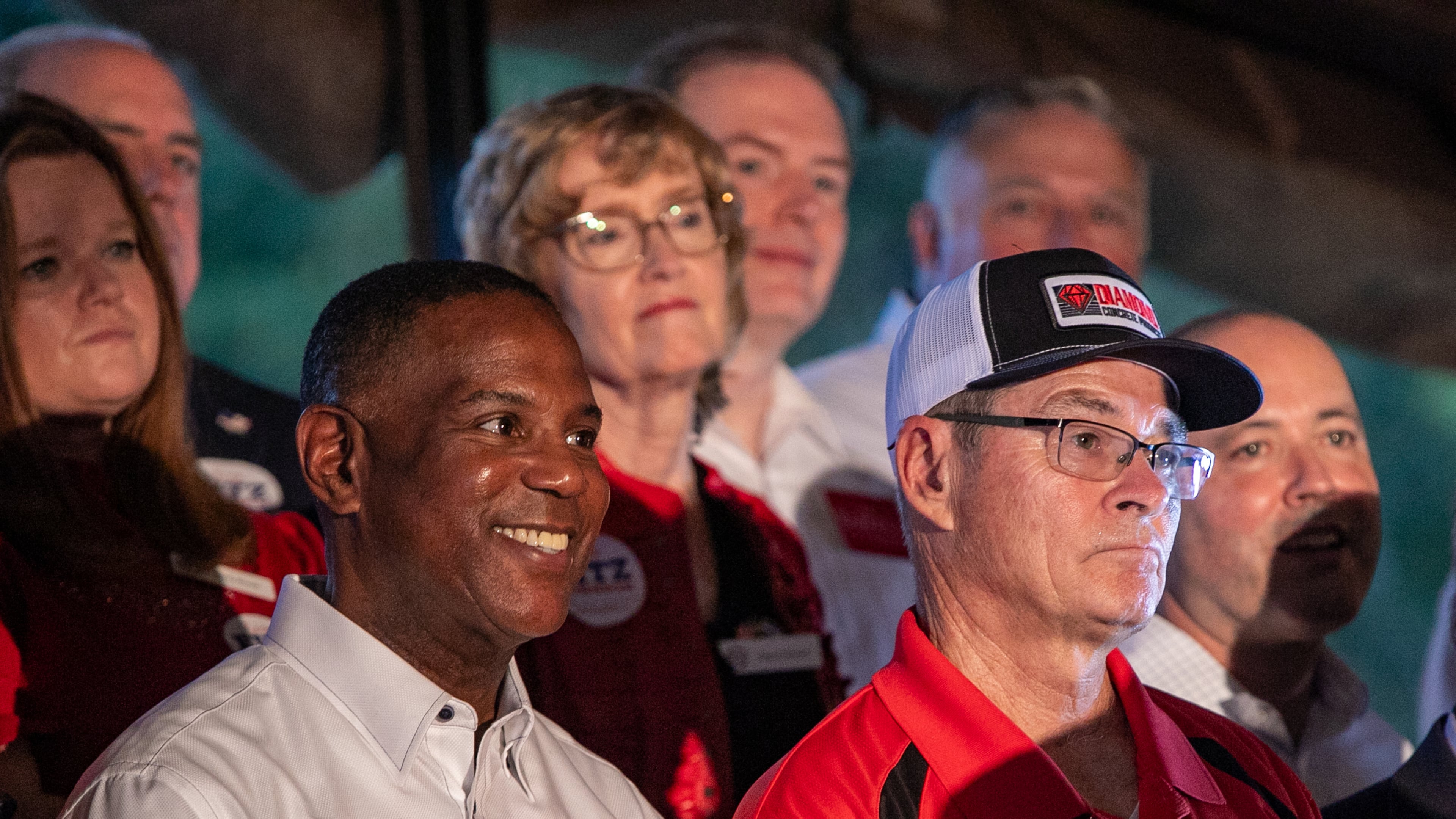 Commissioners Tim Echols and Fitz Johnson campaign with support from Gov. Brian Kemp at a rally in Cumming at Reid Barn on Oct 7, 2025. (Jenni Girtman for the AJC)