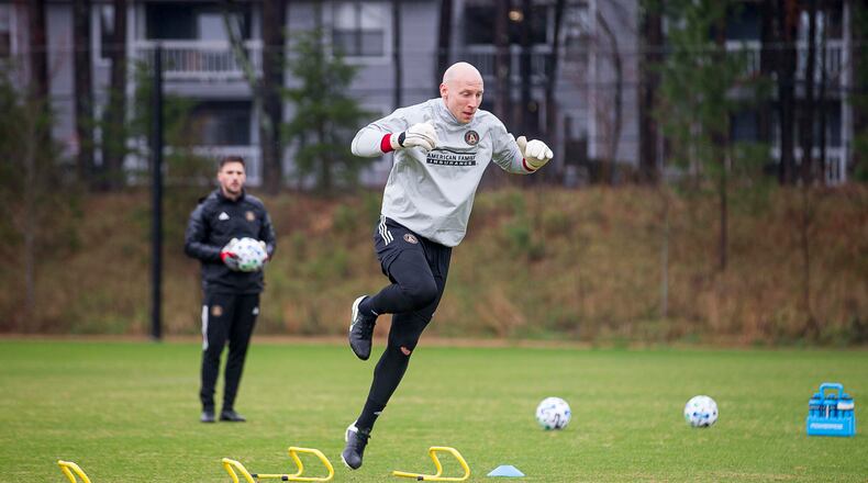 01/13/2019 -- Marietta, Georgia -- Atlanta United goalkeeper Brad Guzan (1) runs drills at the team's training facility during training at the Children's Healthcare of Atlanta Training Ground, Monday, January 13, 2020. (ALYSSA POINTER/ALYSSA.POINTER@AJC.COM)
