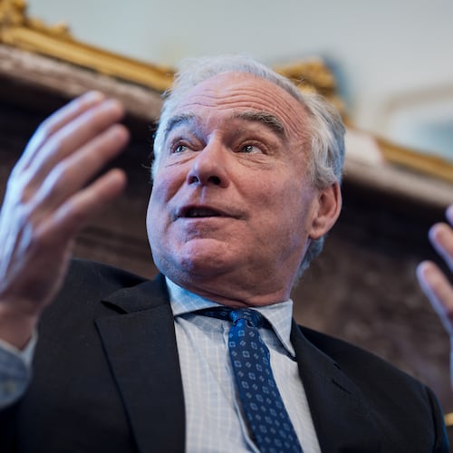 Sen. Tim Kaine, D-Va., meets with reporters to discuss President Donald Trump's strategy on tariffs, at the Capitol in Washington, Tuesday, Oct. 28, 2025. (AP Photo/J. Scott Applewhite)