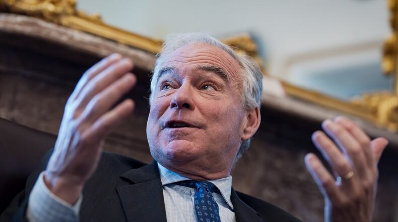 Sen. Tim Kaine, D-Va., meets with reporters to discuss President Donald Trump's strategy on tariffs, at the Capitol in Washington, Tuesday, Oct. 28, 2025. (AP Photo/J. Scott Applewhite)