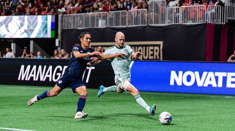 Atlanta United defender Andrew Gutman #15 kicks the ball during the match against Cincinnati FC at Mercedes-Benz Stadium in Atlanta, United States on Saturday April 16, 2022. (Photo by Mitchell Martin/Atlanta United)