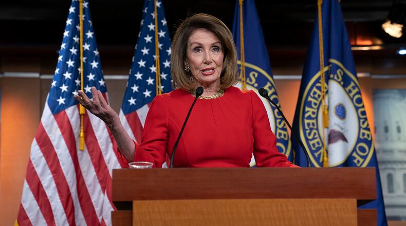 Speaker of the House Nancy Pelosi, D-Calif., insists that Attorney General William Barr send to Congress the full report by special counsel Robert Mueller on the Russia probe with all its underlying evidence, during a news conference on Capitol Hill in Washington, Thursday, April 4, 2019. (AP Photo/J. Scott Applewhite)