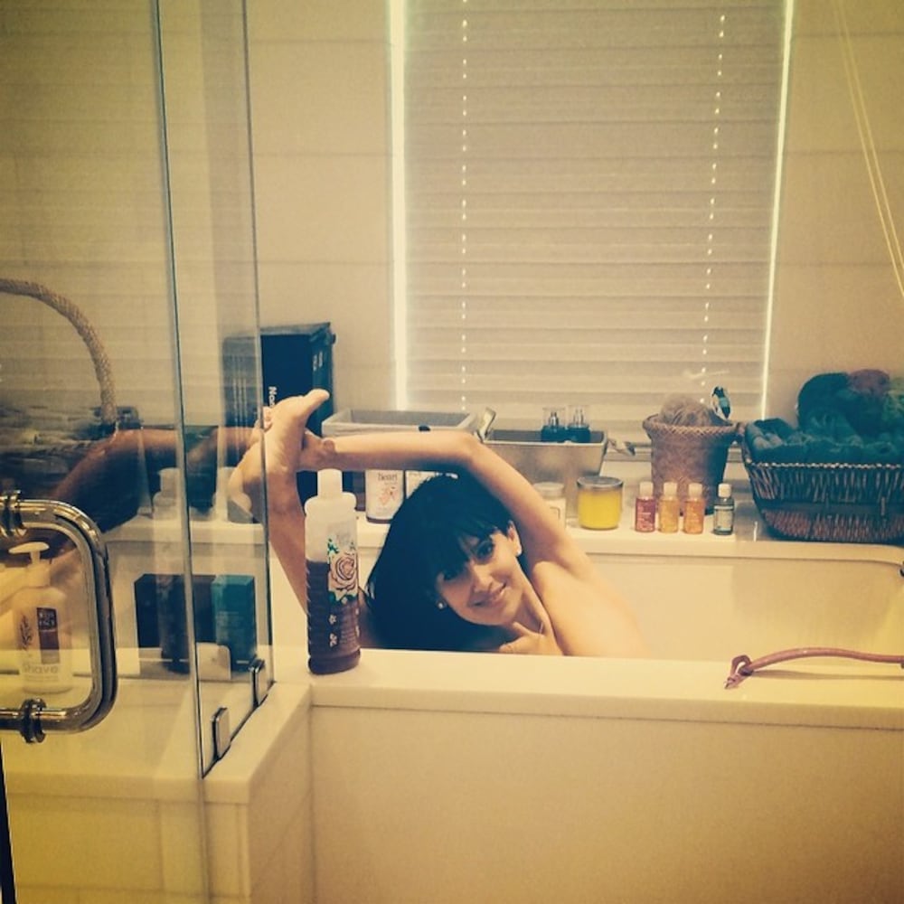 March 3, 2014: Any closer would be #tmi #hilariaypd #yogapostureoftheday (compass pose) #bathtubyoga