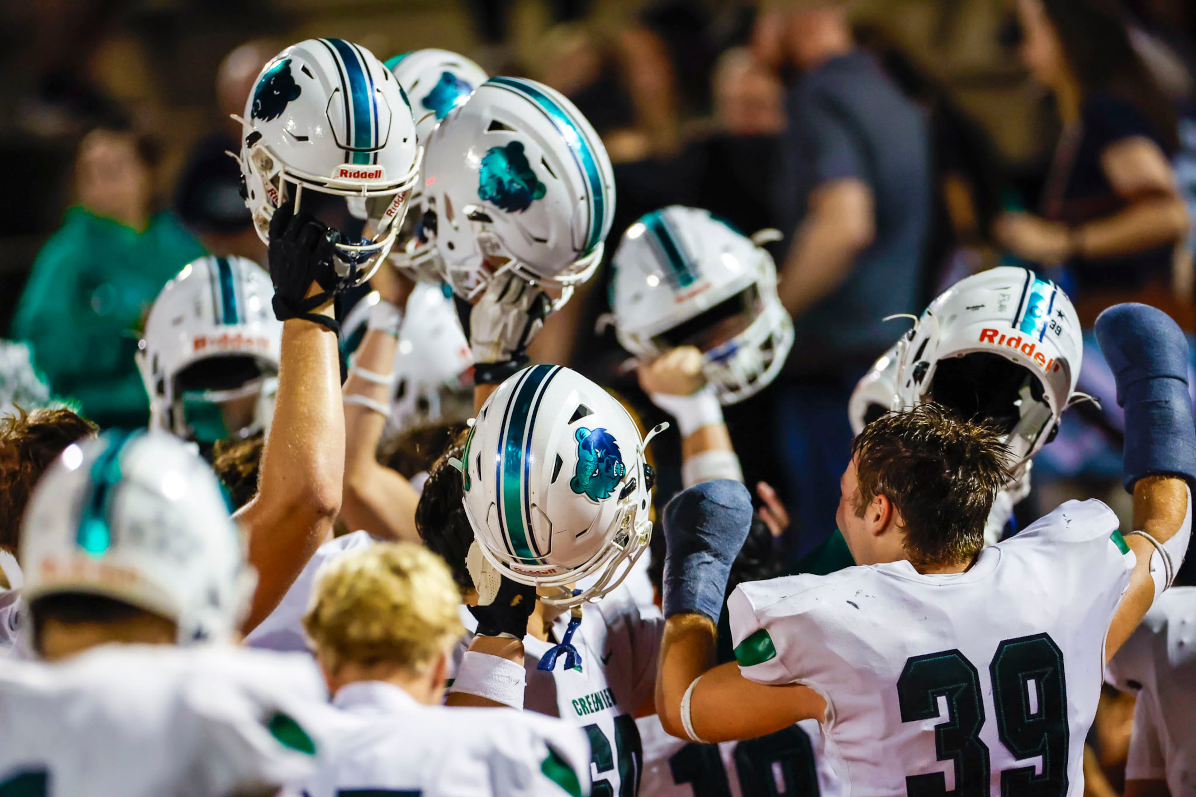 The Creekview High School football team celebrates a win over Lassiter at Lassiter High School in Marietta, GA on Friday, Sept. 5th, 2025. (Oscar Guevara Saenz/For the Atlanta Journal Constitution)