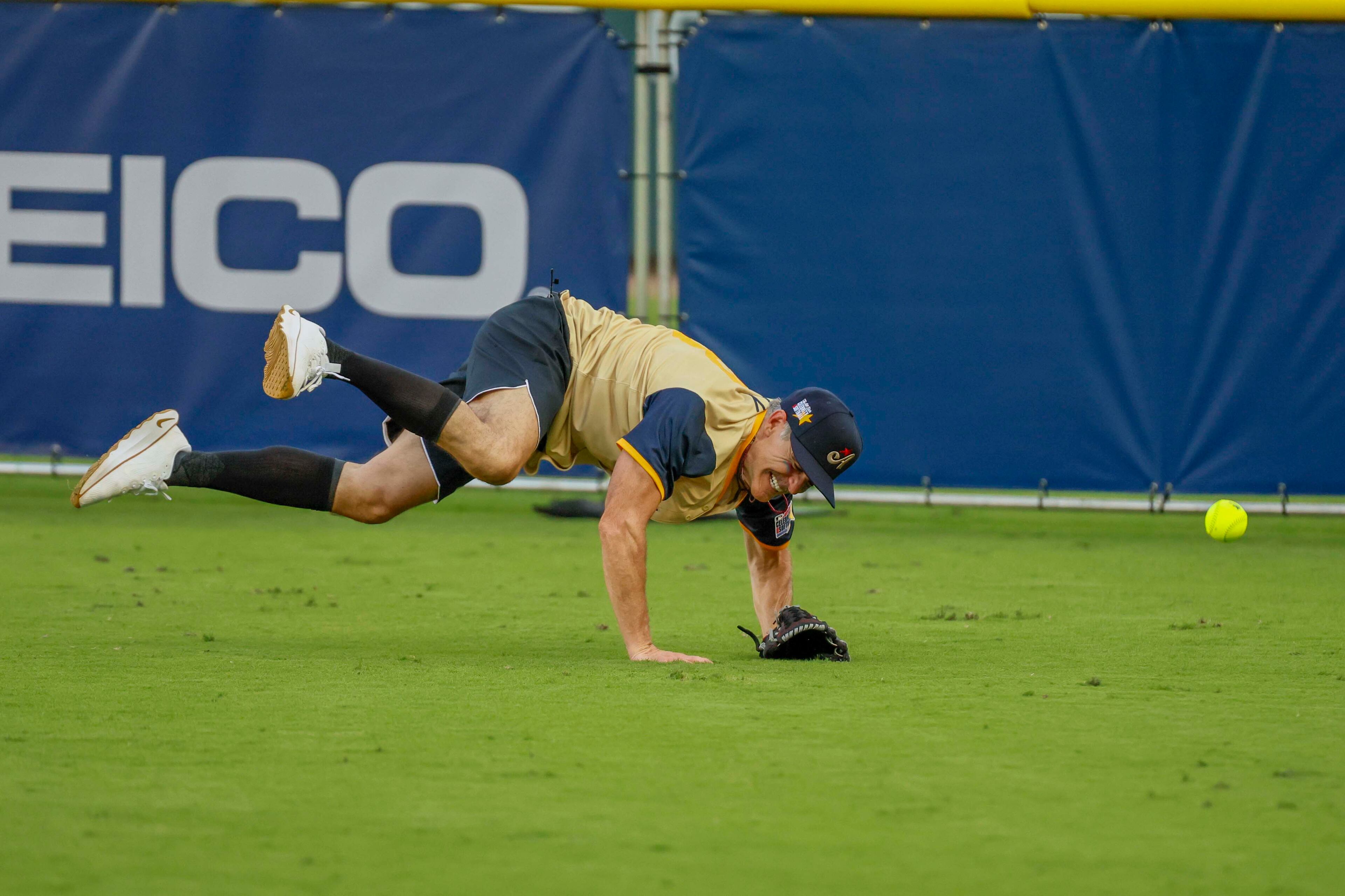 Michael Kelly, an actor famous for House of Cards, struggles to catch the ball during the MLB All-Star Celebrity Game at Truist Park on Saturday, July 12, 2025, in Atlanta.
(Miguel Martinez/ AJC)