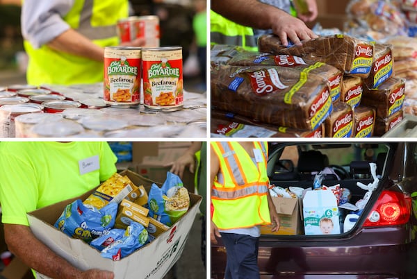 (Clockwise from top left) Cans of Chef Boyardee wait to be delivered to families; a volunteer organizes a collection of bread; food is shown in the back of an automobile as families line up to receive food and other supplies; a volunteer holds a box of food as he works during the weekly drive-up food pantry at First Presbyterian Church in Marietta on Tuesday, Aug. 4, 2026. (Jason Getz/AJC)
