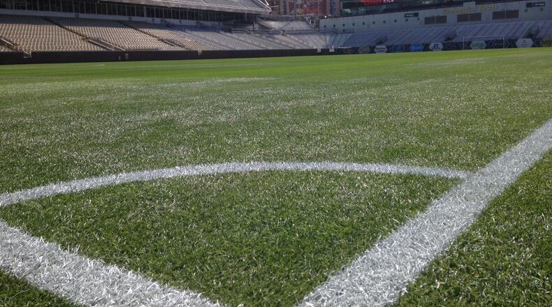 Georgia Tech’s Bobby Dodd Stadium will bear unfamiliar markings this spring, like corner kick arc,s as it plays host to the first eight home games of Alanta United’s inaugural MLS season. (AJC photo by Ken Sugiura)
