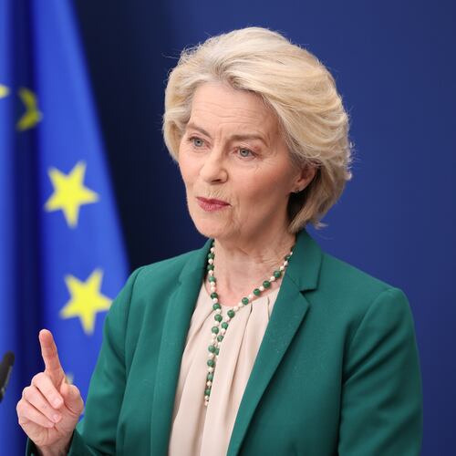 European Commission President Ursula von der Leyen speaks during a media conference at EU headquarters in Brussels, Wednesday, April 15, 2026. (AP Photo/Omar Havana)