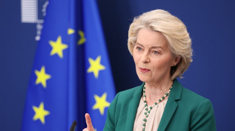 European Commission President Ursula von der Leyen speaks during a media conference at EU headquarters in Brussels, Wednesday, April 15, 2026. (AP Photo/Omar Havana)