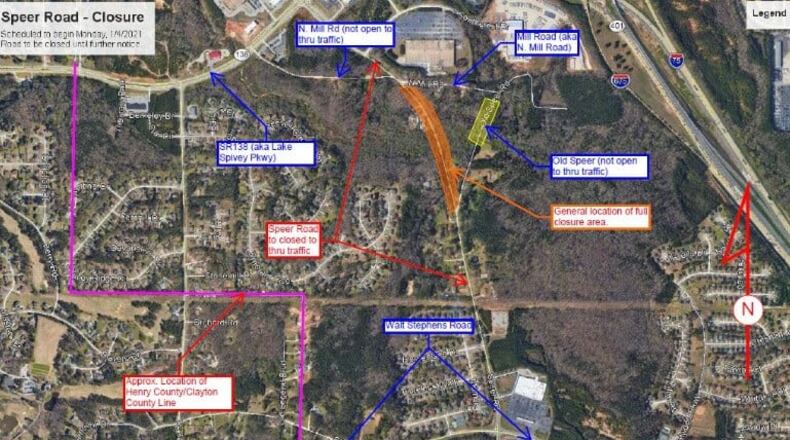 A map showing repair work planned for Speer Road.