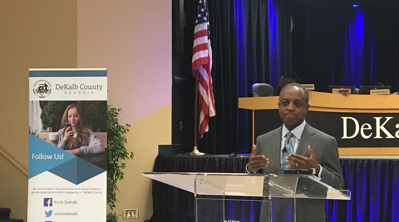 DeKalb County CEO Mike Thurmond discussed road repairs, Sheriff Jeff Mann's arrest and other topics during a press conference Wednesday, May 17, 2017, at the Manuel Maloof Auditorium in Decatur. MARK NIESSE / MARK.NIESSE@AJC.COM