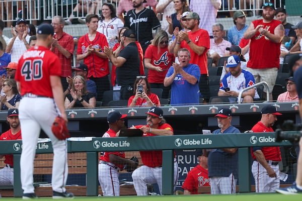 Fans cheer as Atlanta Braves starting pitcher Michael Soroka (40) walks to the dugout after the top of the first inning against the Miami Marlinsat Truist Park, Friday, June 30, 2023, in Atlanta. Jason Getz / Jason.Getz@ajc.com)