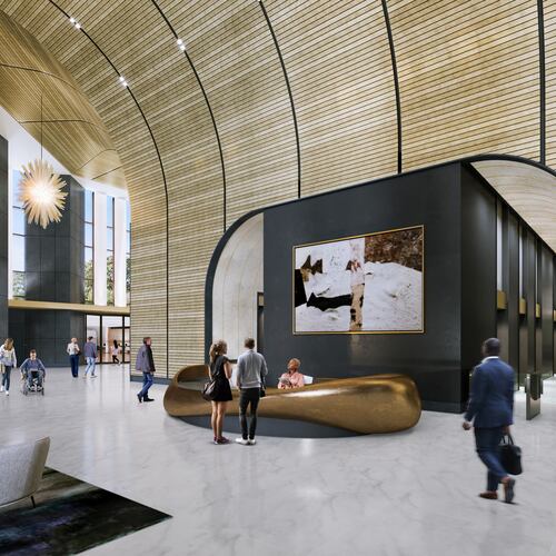 A rendering shows planned renovations to Bank of America Plaza's 20,000-square-foot lobby. (Courtesy of CP Group)