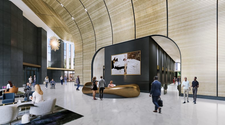 A rendering shows planned renovations to Bank of America Plaza's 20,000-square-foot lobby. (Courtesy of CP Group)