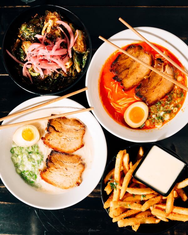 Overhead shot of bowls of ramen from Okiboru.