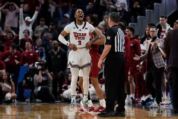 Texas Tech guard Elijah Hawkins (3) celebrates after winning in overtime in the Sweet 16 of the NCAA college basketball tournament game against Arkansas, Thursday, March 27, 2025, in San Francisco. (AP Photo/Godofredo A. Vásquez)