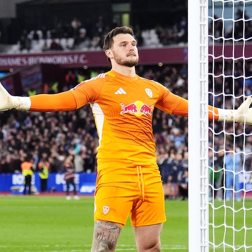 Leeds United goalkeeper Lucas Perri celebrates saving West Ham United's Jarrod Bowen penalty in the shoot-out during the English FA Cup quarterfinal soccer match between West Ham United and Leeds United, in London, Sunday April 5, 2026. (John Walton/PA via AP)