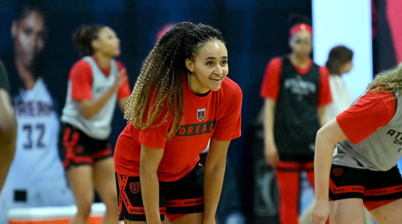Atlanta Dream rookie Haley Jones smiles during Atlanta Dream training camp, Tuesday, May 2, 2023, in Chamblee. (Hyosub Shin / Hyosub.Shin@ajc.com)