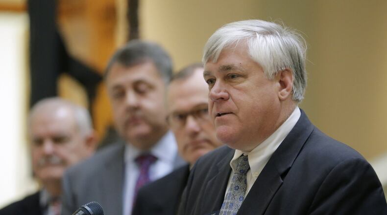 Senate Majority Leader Bill Cowsert (R - Athens) (right), and others announced the Senate’s 2017 legislative priorities for the upcoming session at a press conference in the Capitol in January. BOB ANDRES /BANDRES@AJC.COM