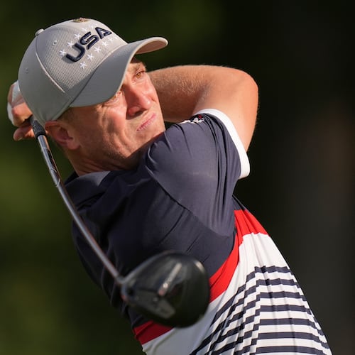 FILE - United States' Justin Thomas watches his tee shot on the 12th hole at Bethpage Black golf course during the Ryder Cup golf tournament, Friday, Sept. 26, 2025, in Farmingdale, N.Y. (AP Photo/Seth Wenig, File)