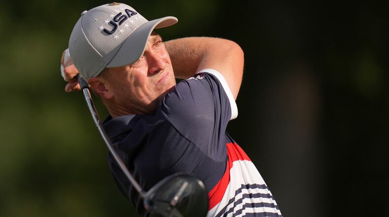 FILE - United States' Justin Thomas watches his tee shot on the 12th hole at Bethpage Black golf course during the Ryder Cup golf tournament, Friday, Sept. 26, 2025, in Farmingdale, N.Y. (AP Photo/Seth Wenig, File)