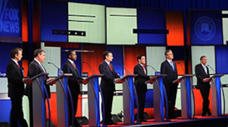 DES MOINES, IA - JANUARY 28: Republican presidential candidates (R-L) Ohio Governor John Kasich, Jeb Bush, Sen. Marco Rubio (R-FL), Sen. Ted Cruz (R-TX), Ben Carson, New Jersey Governor Chris Christie and Sen. Rand Paul (R-KY) participate in the Fox News - Google GOP Debate January 28, 2016 at the Iowa Events Center in Des Moines, Iowa. Residents of Iowa will vote for the Republican nominee at the caucuses on February 1. Donald Trump, who is leading most polls in the state, decided not to participate in the debate. (Photo by Scott Olson/Getty Images)