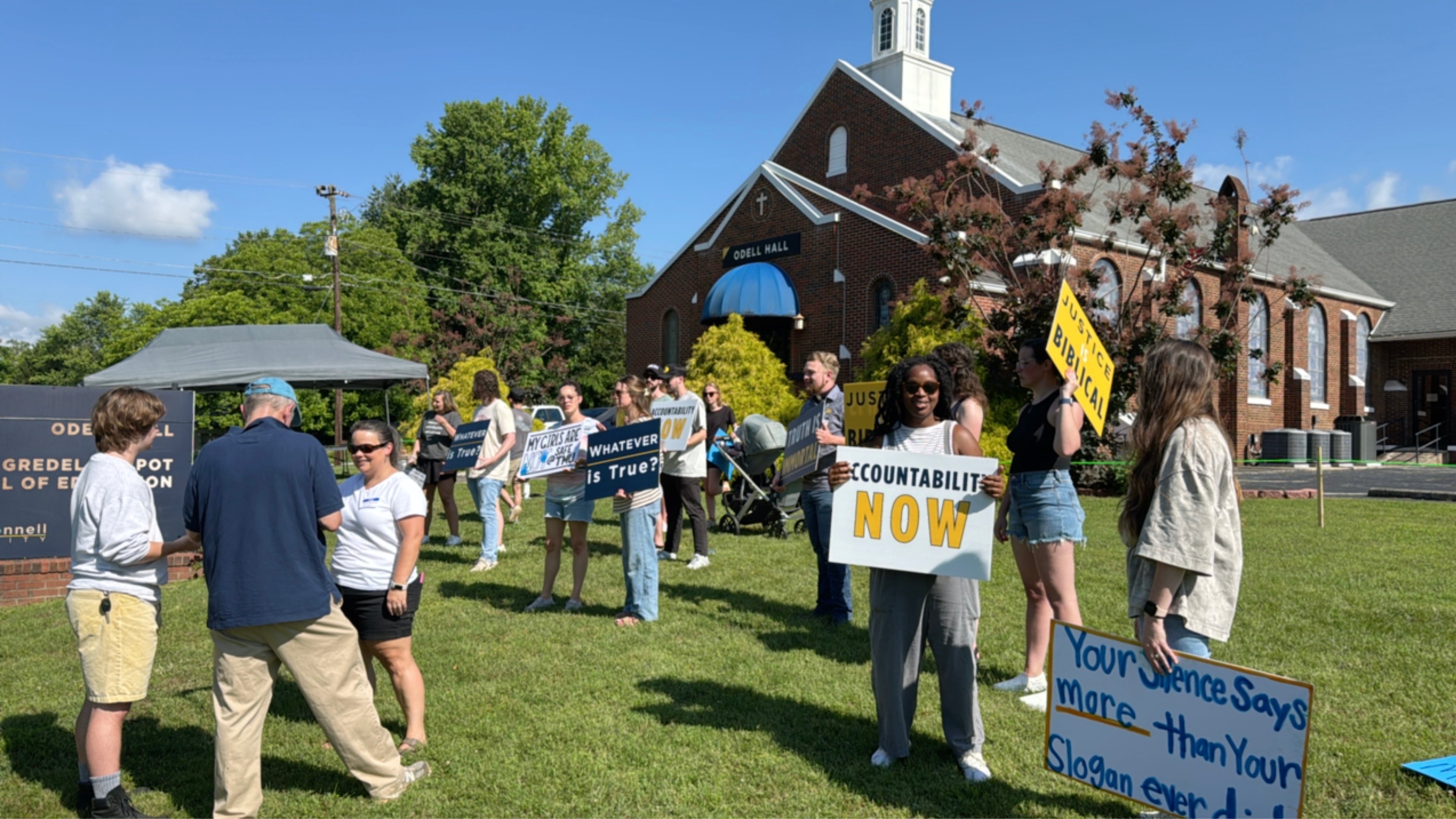 Alumni of Truett McConnell University protested in June, calling for the university's board of trustees to investigate allegations of sexual abuse and administrative misconduct. (Courtesy of Heather Pillsbury)