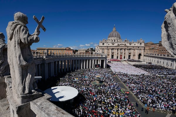 A view of the funeral of Pope Francis in St. Peter's Square at the Vatican, Saturday, April 26, 2025. (AP Photo/Gregorio Borgia)