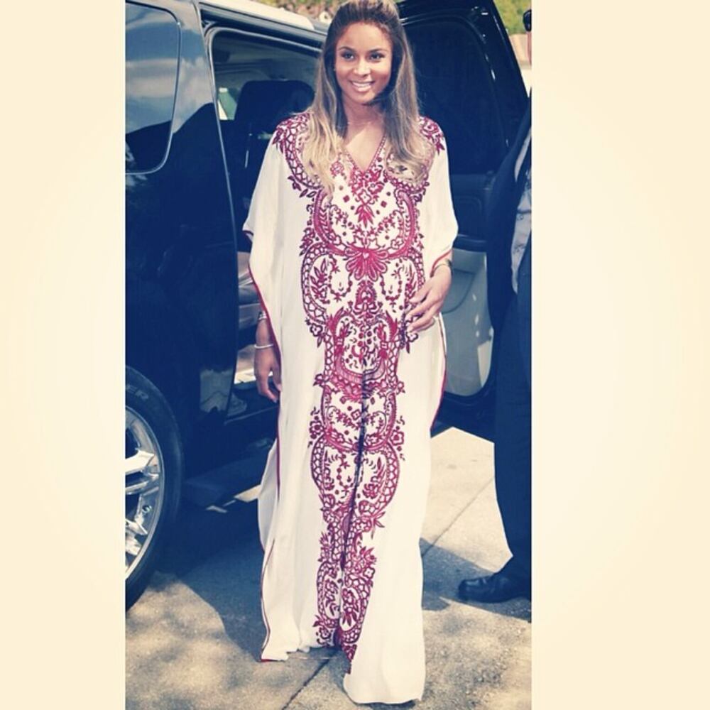 Singer Ciara, who is expecting a boy with fiancee, Atlanta rapper Future, this year, celebrated at a star-studded baby shower March 22. She showed off her bump in a Naeem Kahn dress.