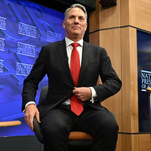 Australian Defence Minister Richard Marles prepares to address the National Press Club in Canberra, Thursday, April 16, 2026. (Lukas Coch/AAP Image via AP)