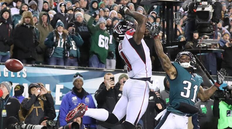 Fourth-and-goal in Philadelphia on Jan. 13, 2018: Julio Jones can’t haul down Matt Ryan’s pass.
